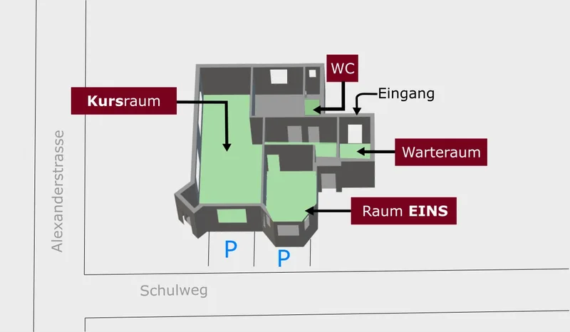 Grundriss: Kursraum, RaumEINS, WC, Eingang und Warteraum an der Ecke Alexanderstraße und Schulweg
