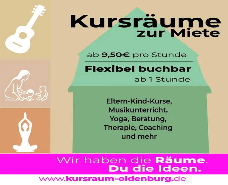 Unser Schaufenster-Plakat „Kursräume zur Miete“ – ab 9,50 € pro Stunde, flexibel buchbar ab 1 Stunde